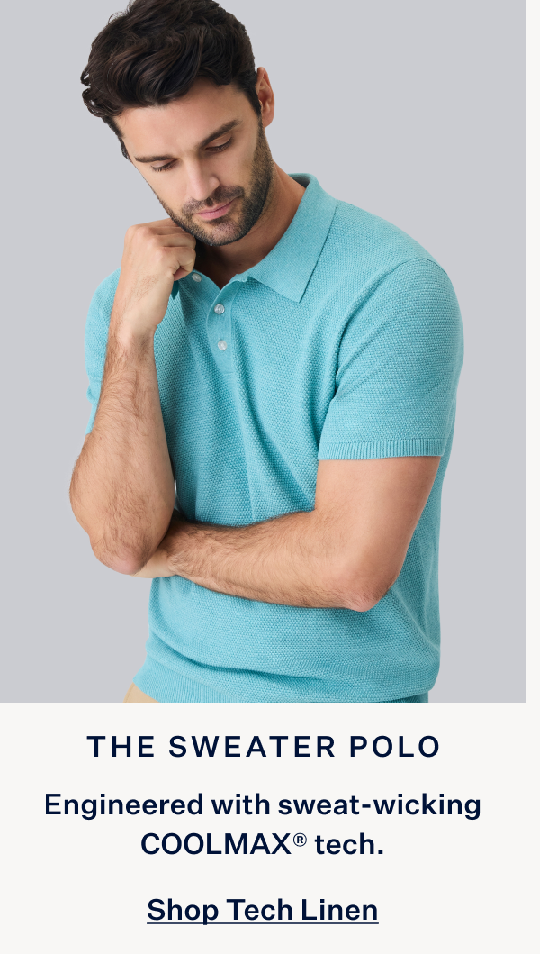 Man wearing Tech Linen Sweater Polo in Shallow Water Heather