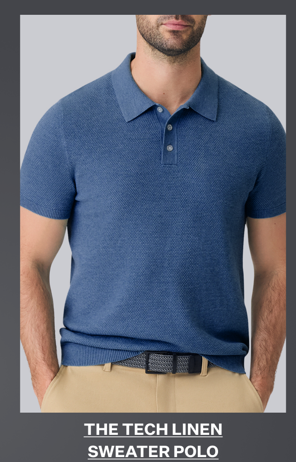 A man wearing Tech Linen Sweater Polo in Deep Lagoon Heather