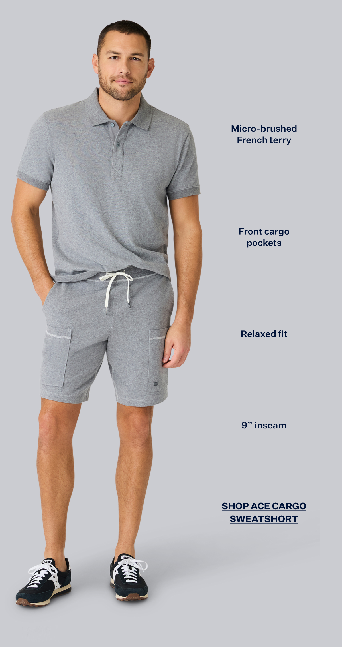 Man wearing Ace Cargo Sweatshort in Grey Heather with text highlights features: "Micro-brushed French terry," "Front cargo pockets," "Relaxed fit," and "9