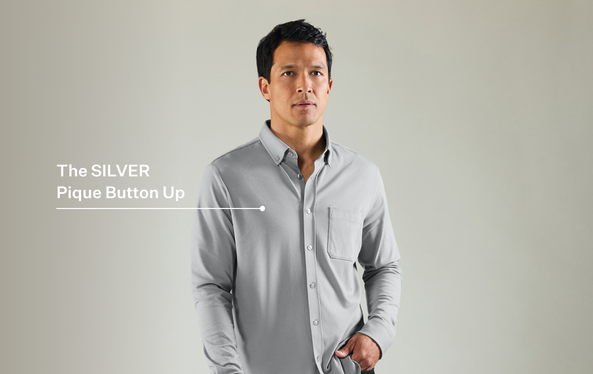 Man wearing Silver Pique Button Up in Monument