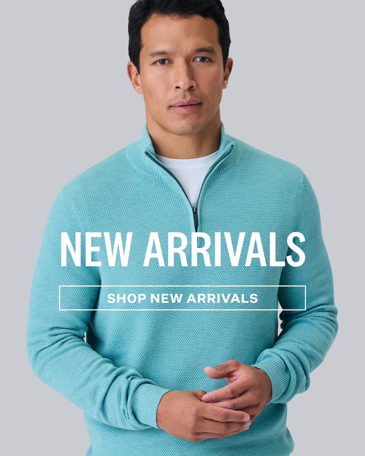 Man wearing Mack Weldon Tech Linen Quarter-Zip in Shallow Water Heather