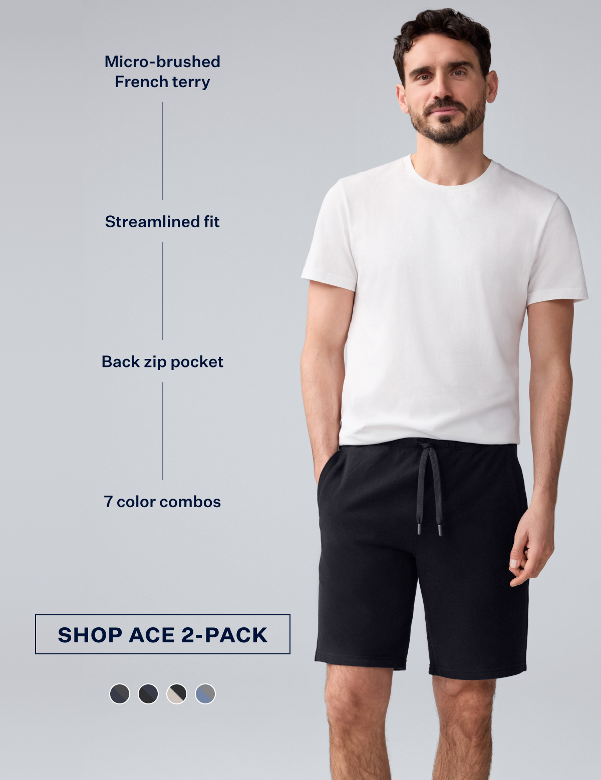 Man wearing Ace Sweatshort 9" in True black. With Shop Ace 2-pack button at the bottom.
