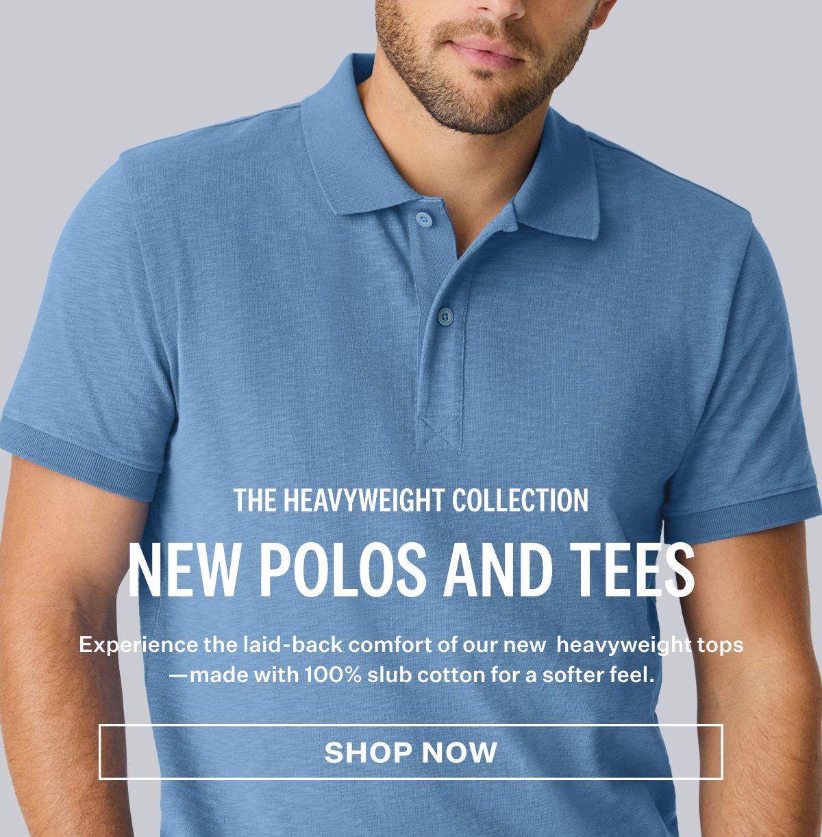 Man wearing Heavyweight Slub Polo in Dean Blue with promotional