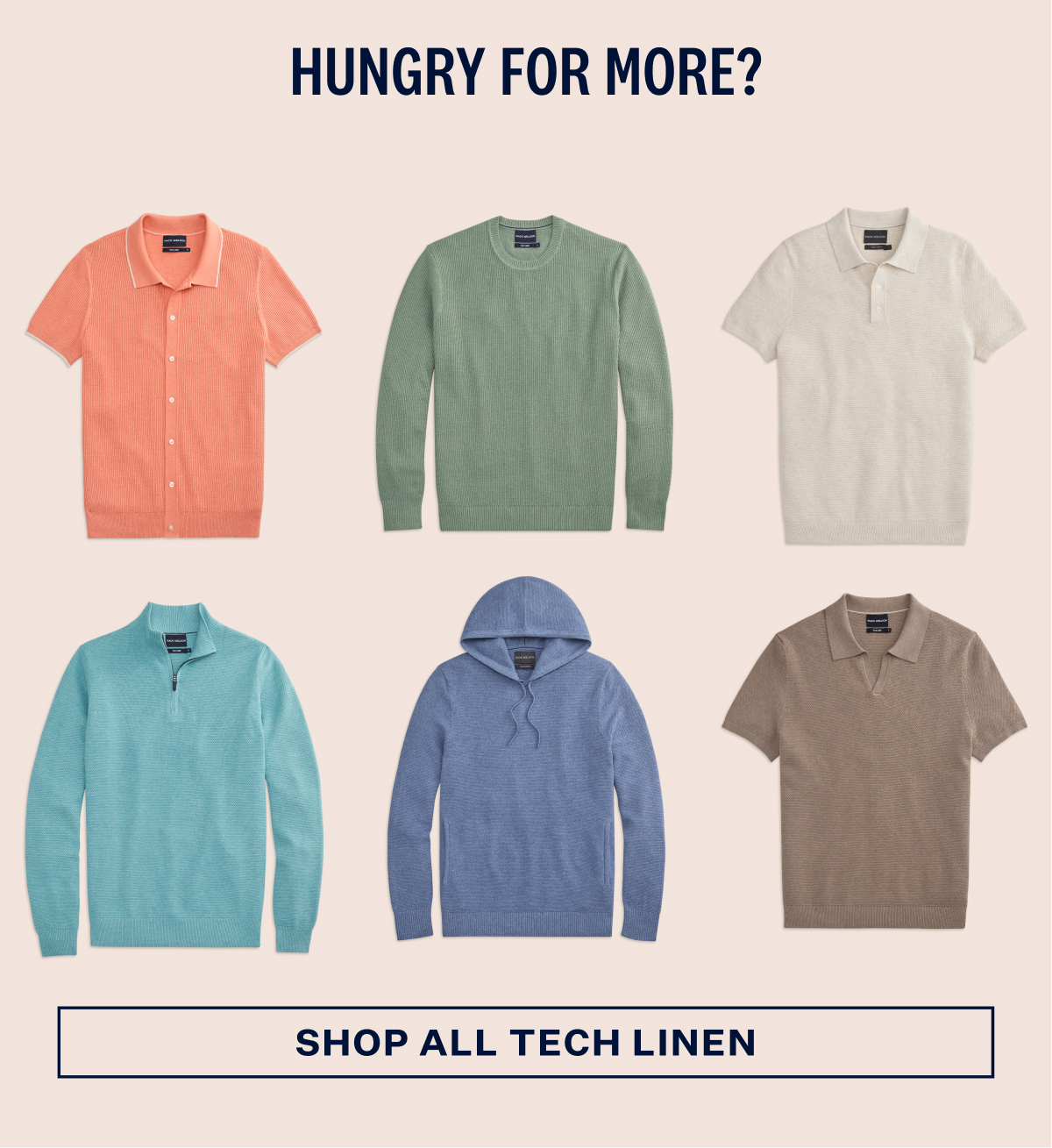 Grid display of six different Mack Weldon Tech Linen products in various colors.