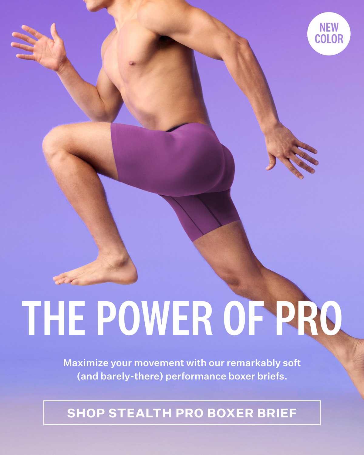 A runner mid-stride wearing new Stealth Pro Boxer Brief in Dark Orchid with text: "THE POWER OF PRO. Shop now."