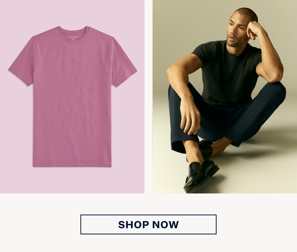 Two images, left image shows SILVER Crew Neck T-Shirt in Winter Haze and right image shows a man wearing SILVER Crew Neck T-Shirt in True Black 