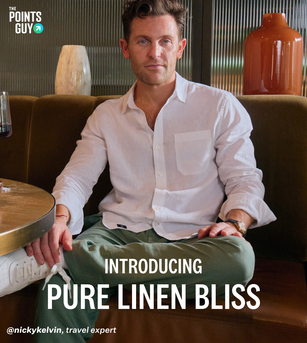 Nicky Kelvin wearing Linen Button Up and Linen Drawstring Pant with text "Introducing Pure Linen Bliss"