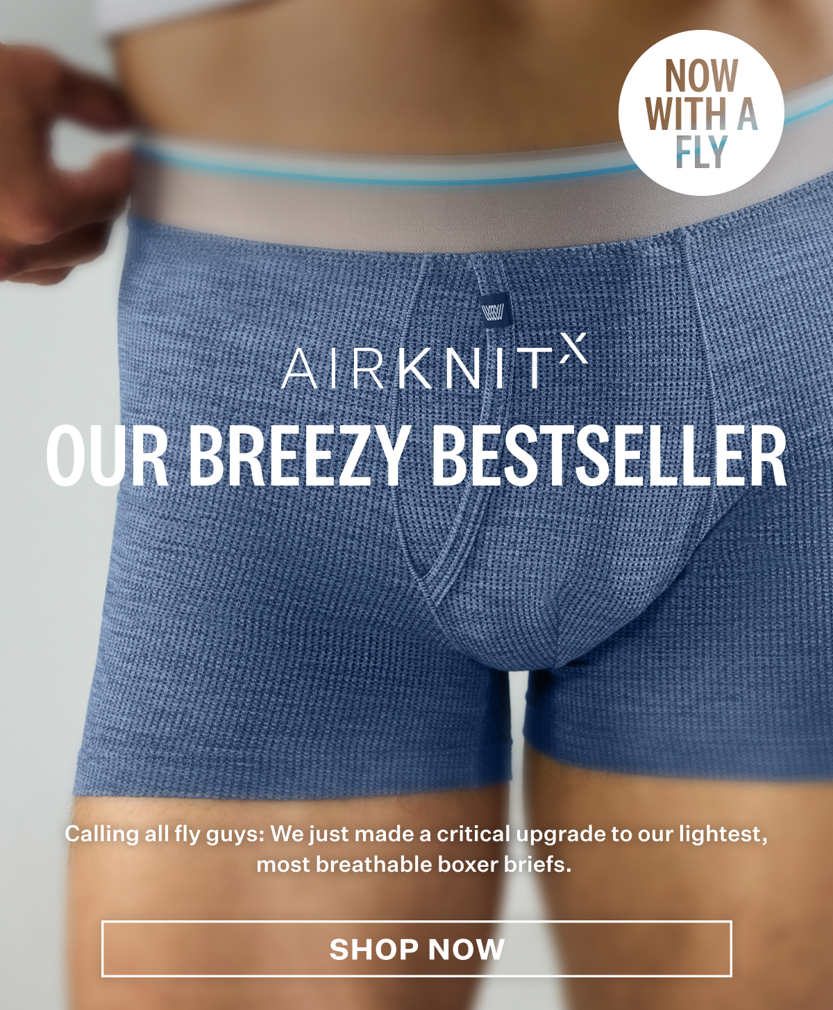 A close-up promotional image of a man wearing Airknitx boxer brief w/fly in Indigo Heather 
