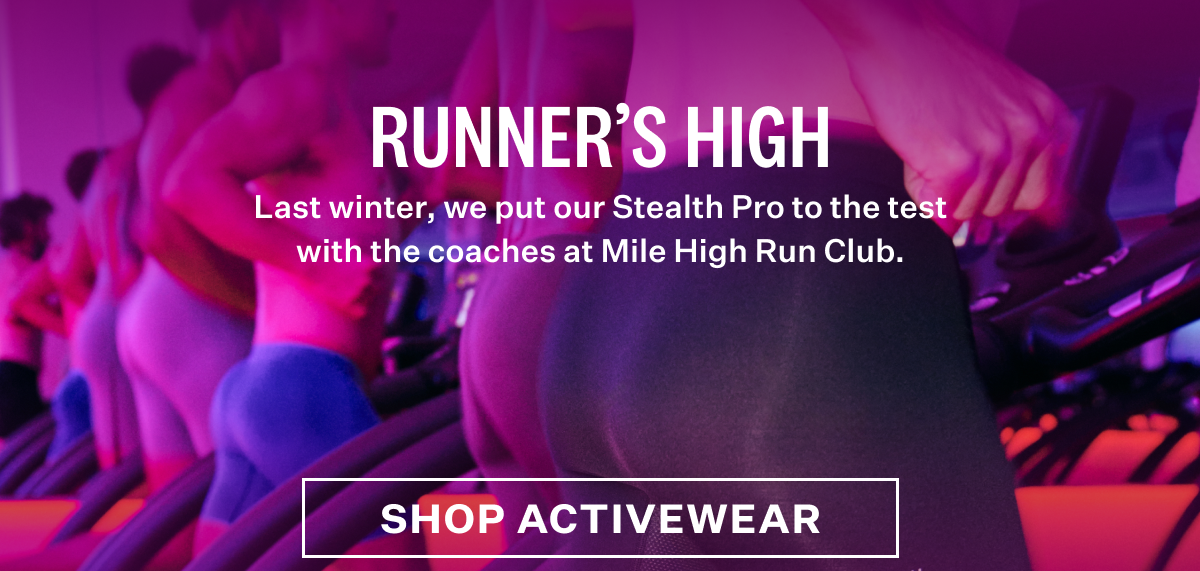 Runners in a fitness studio wearing Stealth Pro Boxer Briefs with text: "RUNNER'S HIGH. Shop Activewear."