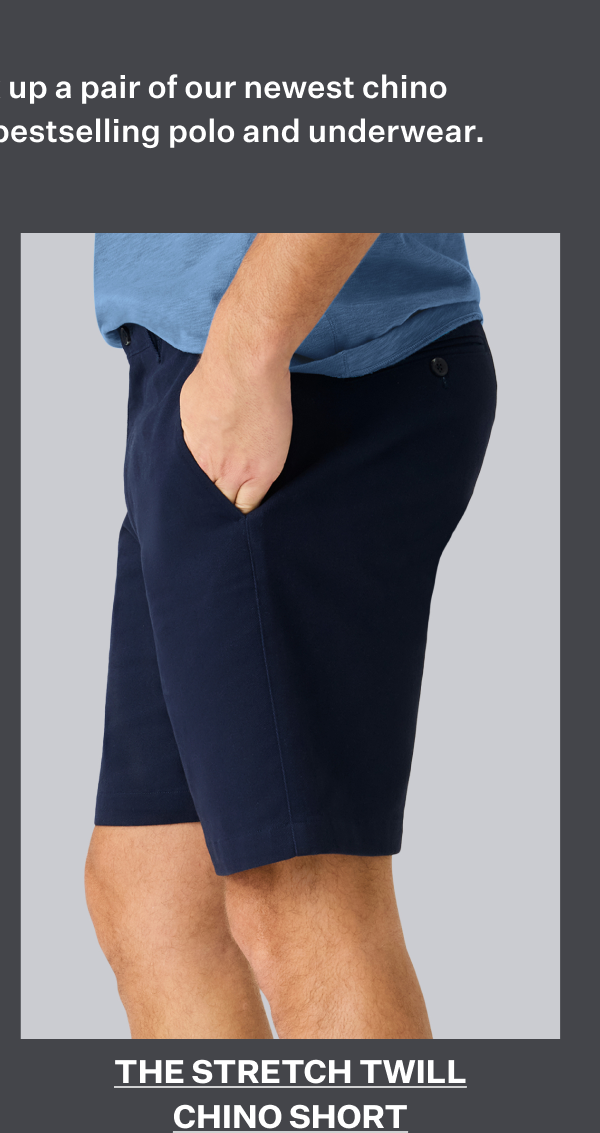 Man wearing Stretch Twill Chino Short 9" in Night Sky