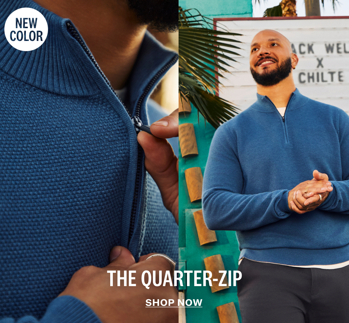 Man wearing Tech Linen Quarter Zip in Deep Lagoon Heather