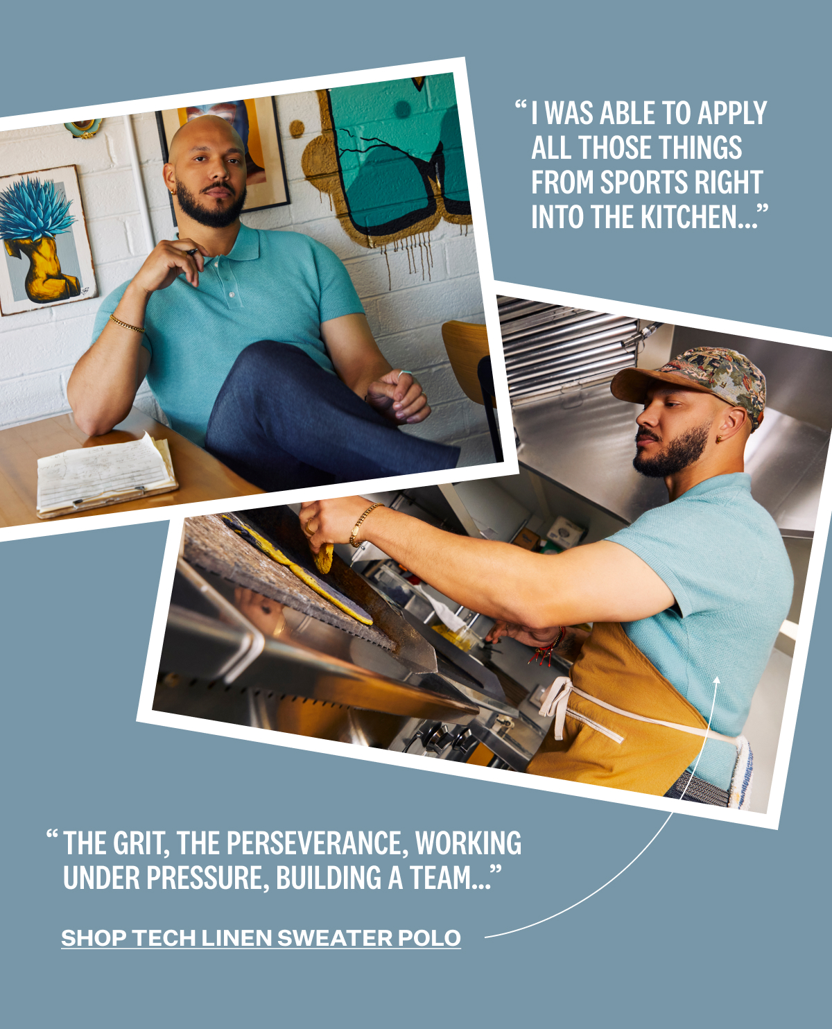 Chef L.T. Smith wearing a Tech Linen Sweater polo, shown relaxing at a table and working in a kitchen.