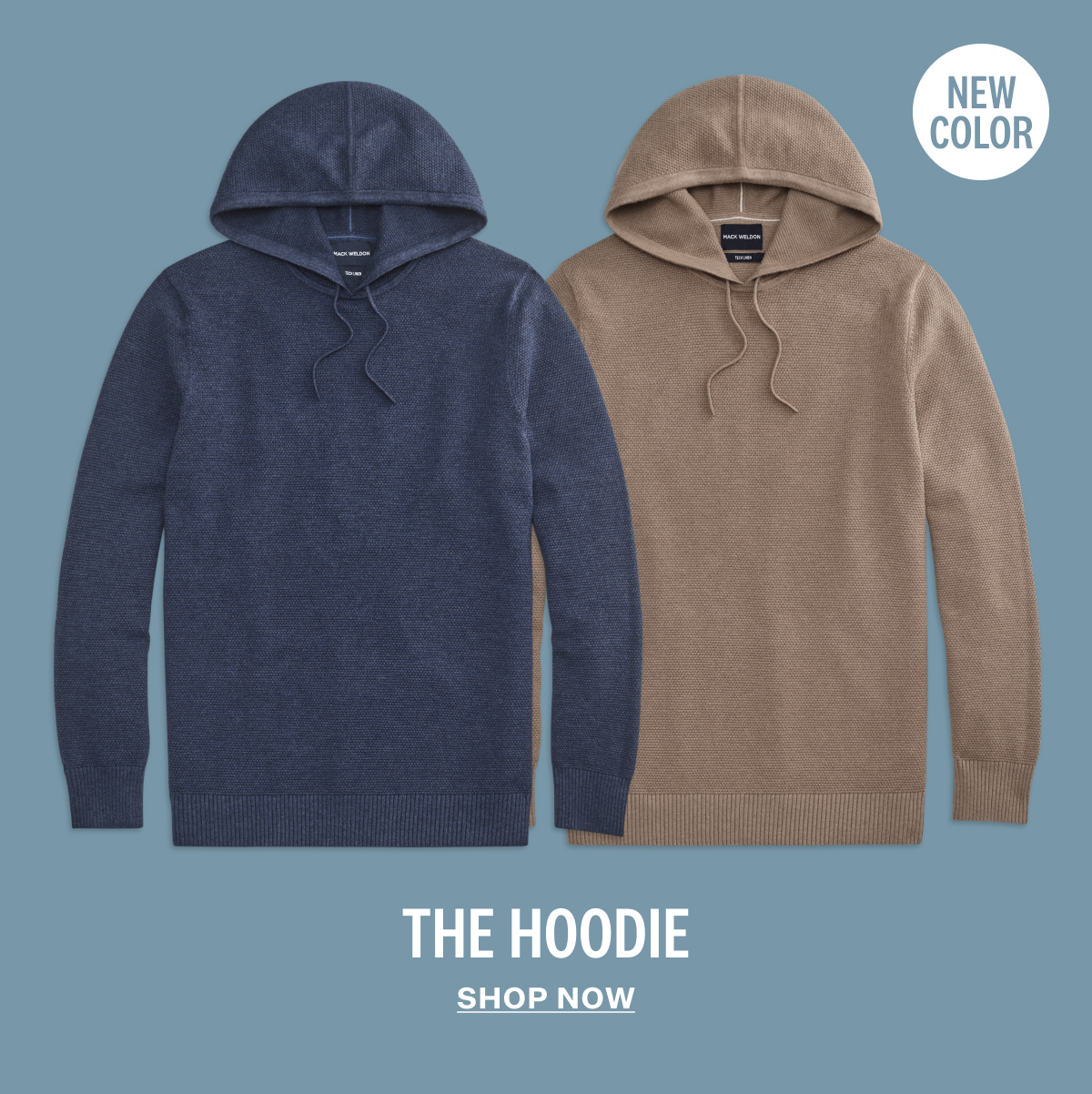 Two front images of Tech Linen Hoodie in two new colors.