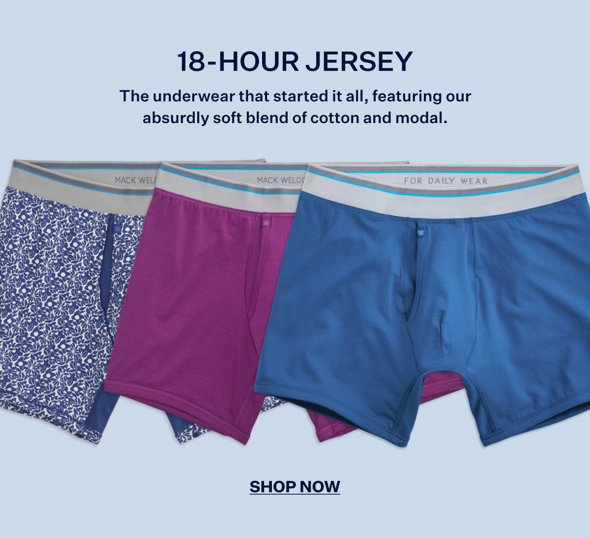 Front laydown of 18 Hour Jersey Boxer briefs in three new colors
