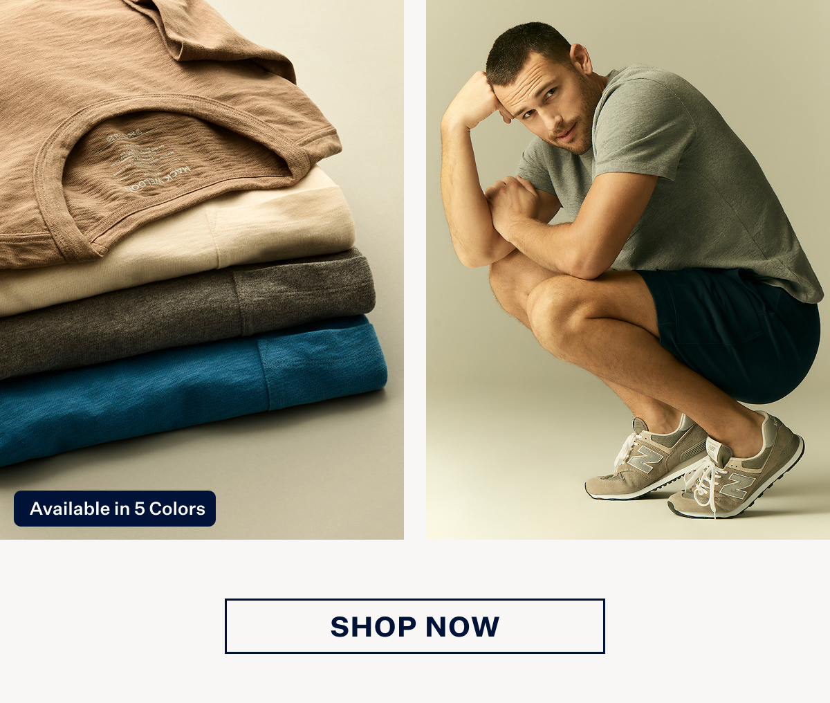 Two images. Left image showing a stack of Heavyweight Slub T-shirt in different colors while the right image showing a crouching man wearing Heavyweight Slub T-shirt in Grey heather