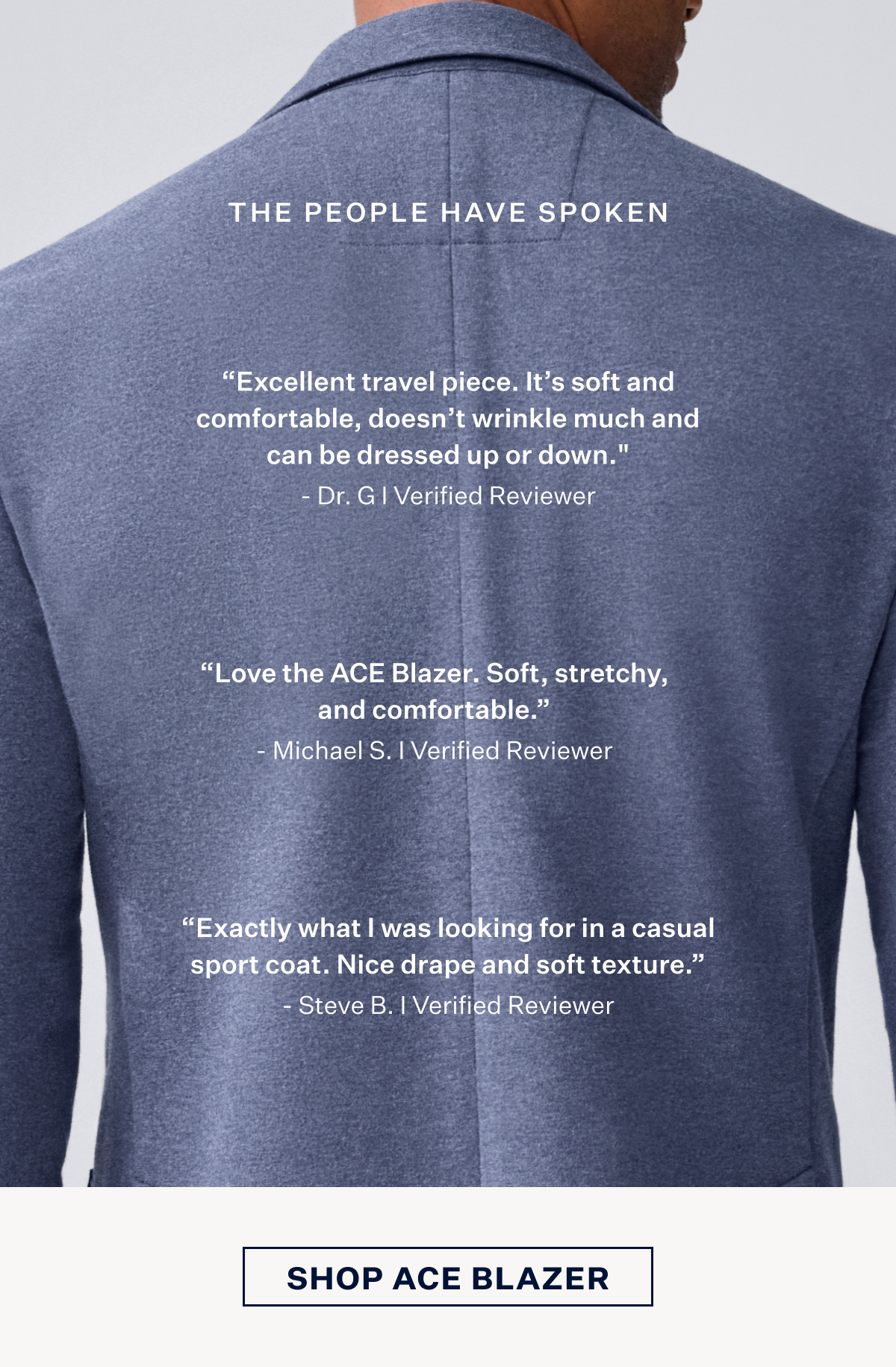 Close up back view of Ace Blazer showing the fabric texture. With featured customer reviews and SHOP ACE BLAZER button at the bottom