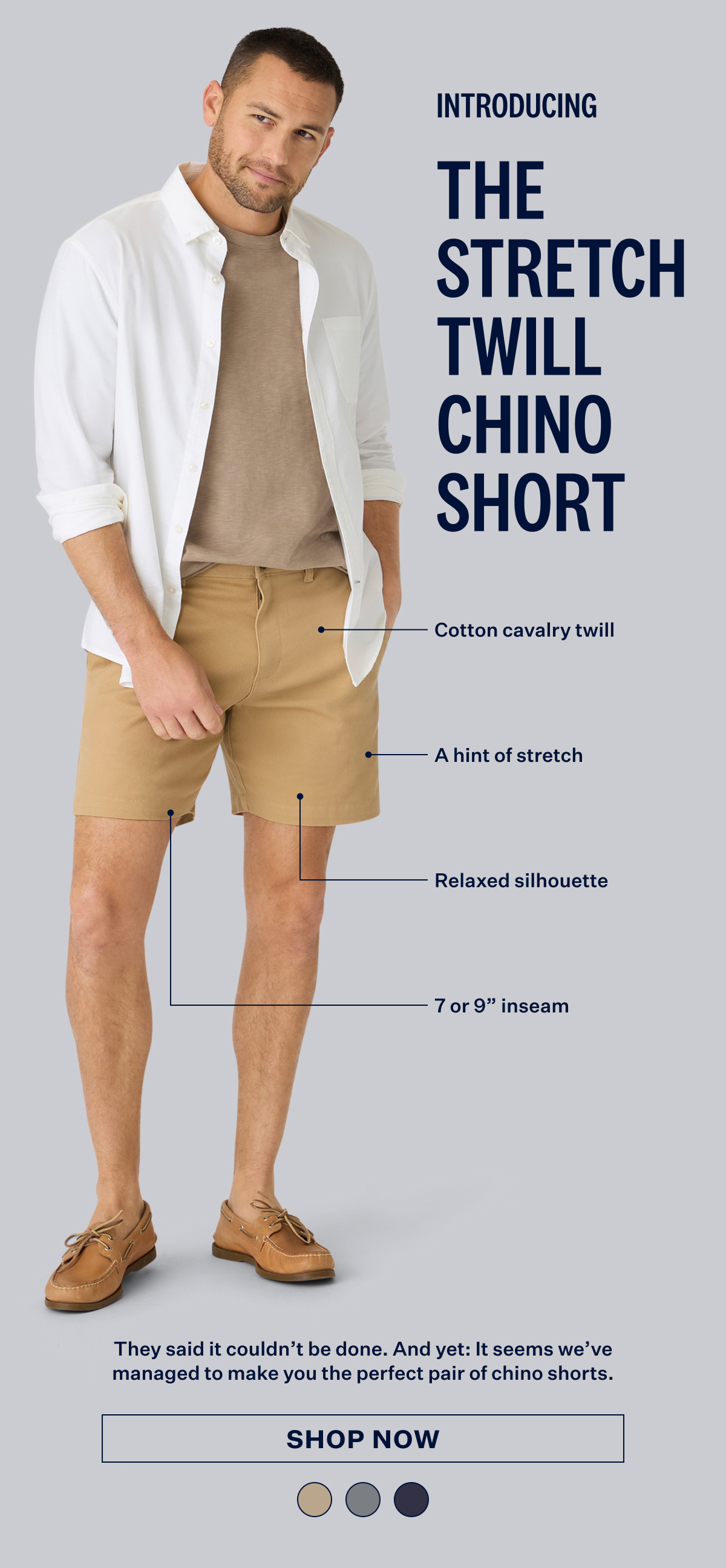 A man wearing New Mack Weldon Stretch Twill Chino Short in Sisal with texts "The Stretch Twill Chino Short" with callouts for fabric and fit details. 