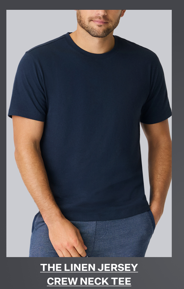 Man wearing Linen Jersey Crew Neck T-shirt in Total Eclipse