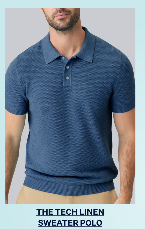 Man wearing Tech Linen Sweater Polo in Deep Lagoon Heather