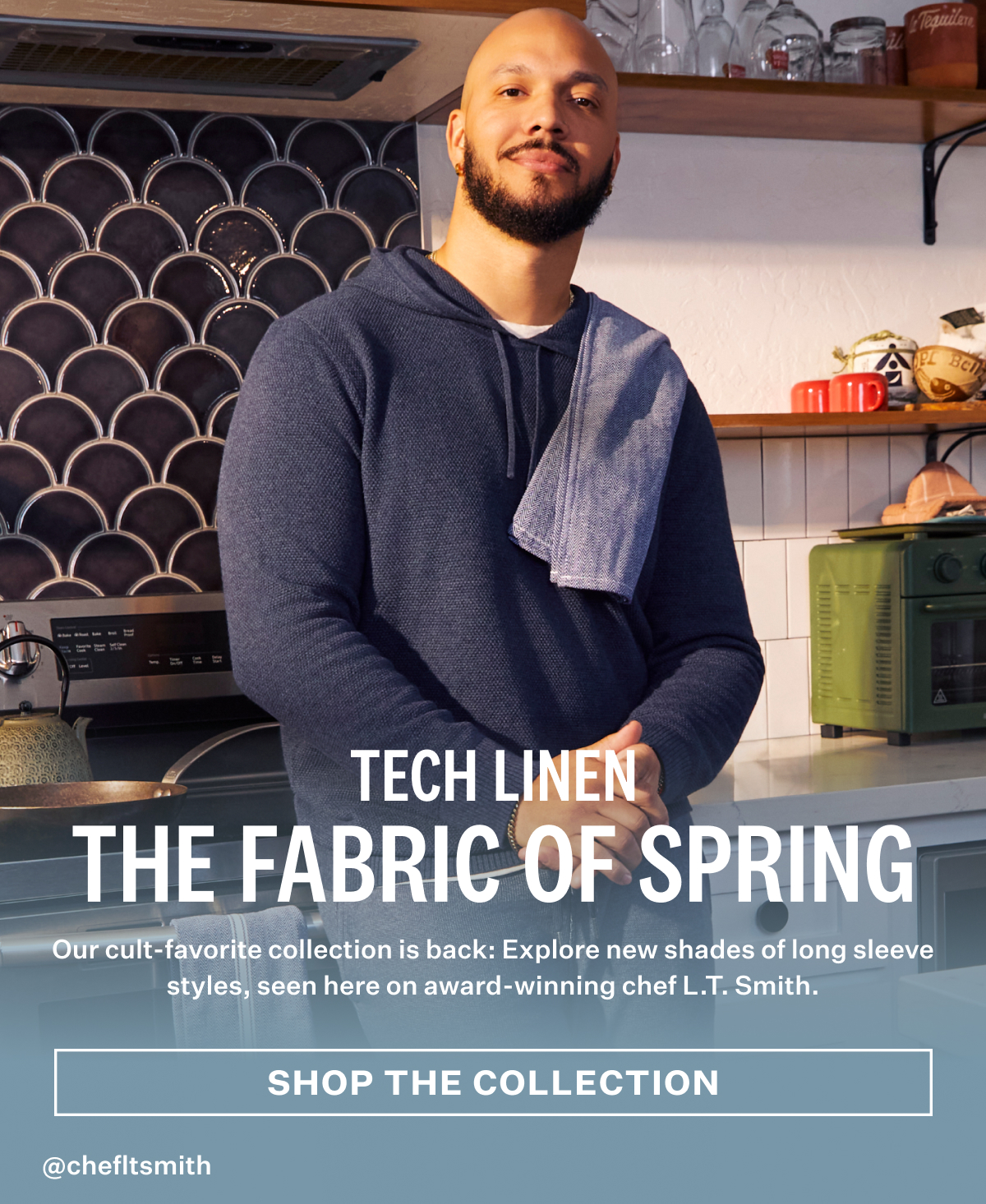 Man wearing Tech Linen Hoodie in Navy Heather