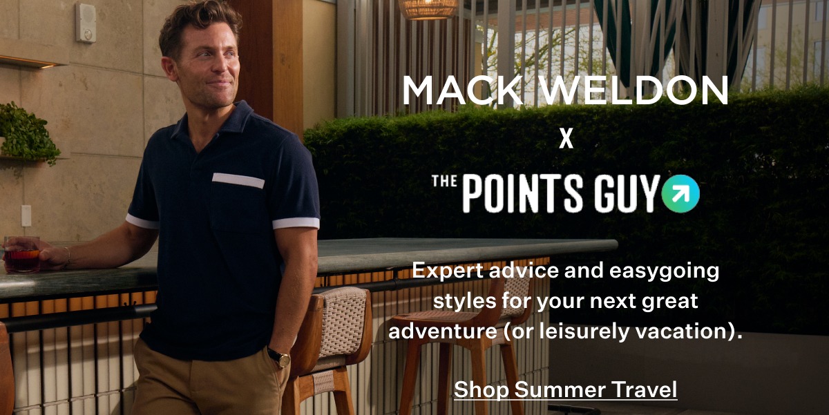 Nicky Kelvin in collaboration with Mack Weldon and The Points Guy. With Shop Summer Travel button