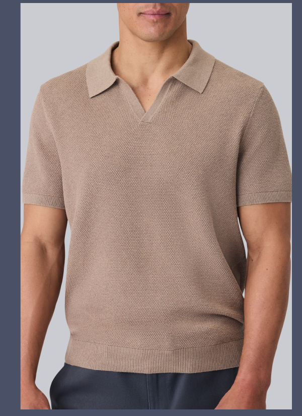 Man wearing Tech Linen Johnny Collar Sweater Polo in Desert Taupe Heather