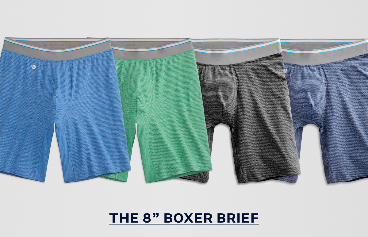 Four pairs of Mack Weldon AIRKNITˣ 8" Boxer Briefs featuring two new colors
