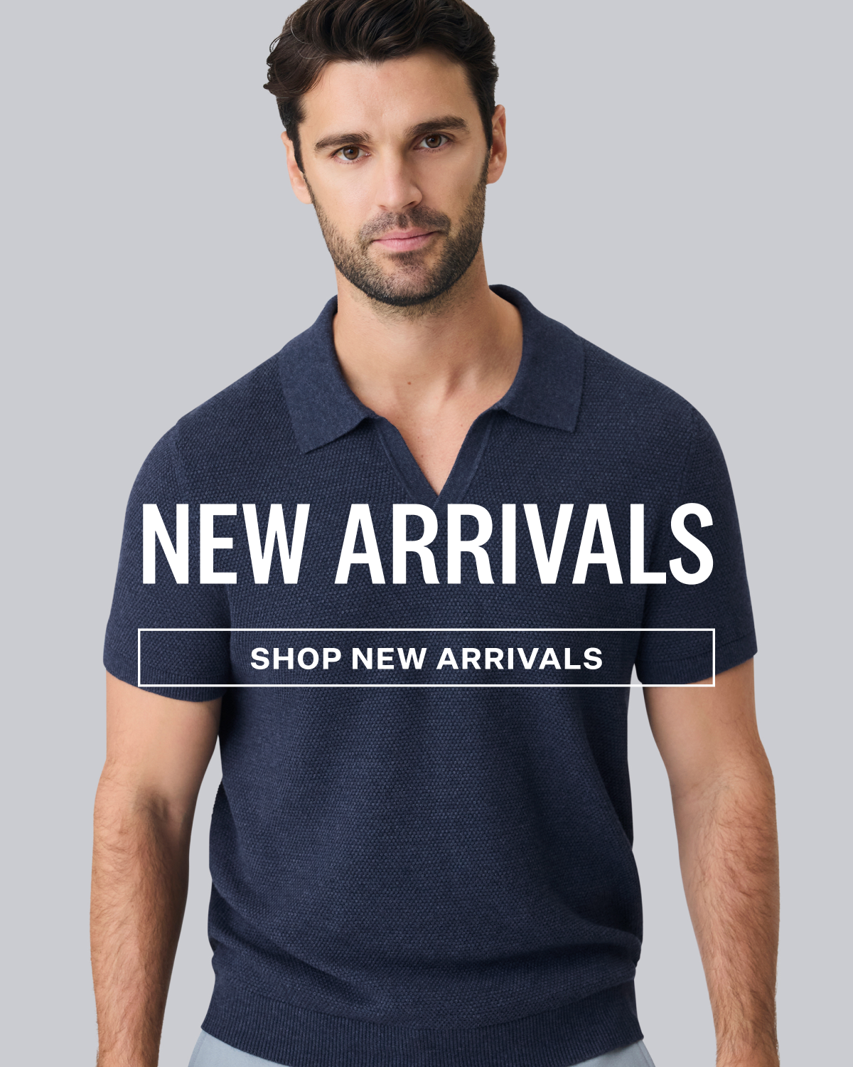 Man wearing Tech Linen Johnny Collar Sweater Polo in Navy Heather featuring a 'New Arrivals' promotional graphic