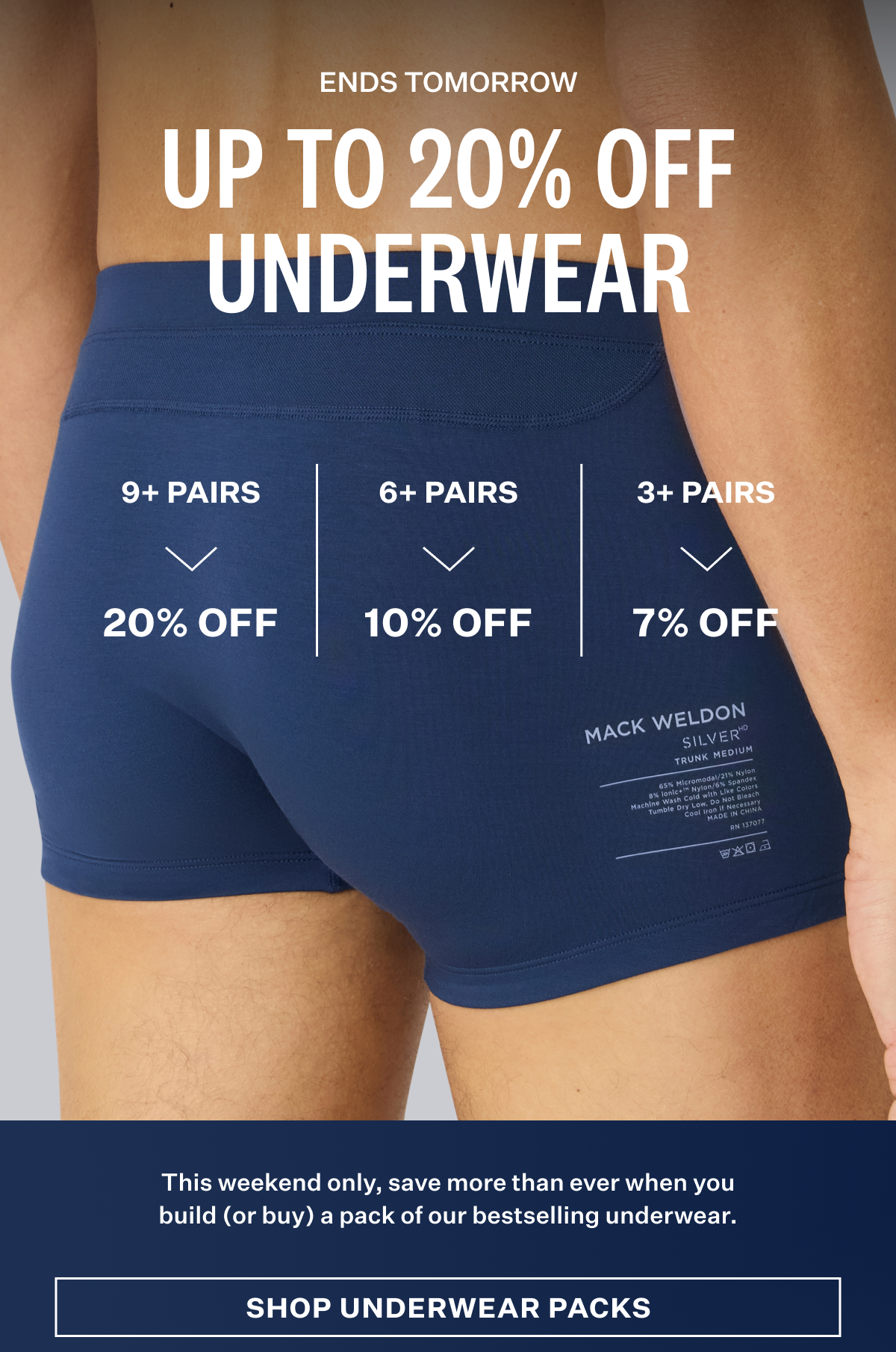 Up to 20% Off Underwear banner featuring a man wearing blue trunks with tiered discount details: 20% off 9+ pairs, 10% off 6+ pairs, and 7% off 3+ pairs.