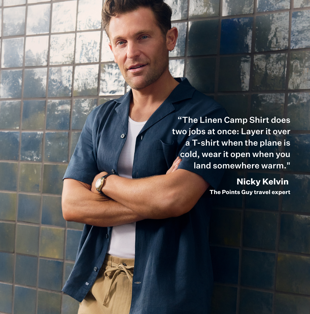 Nicky Kelvin wearing Linen Camp Shirt and Linen Drawstring Short