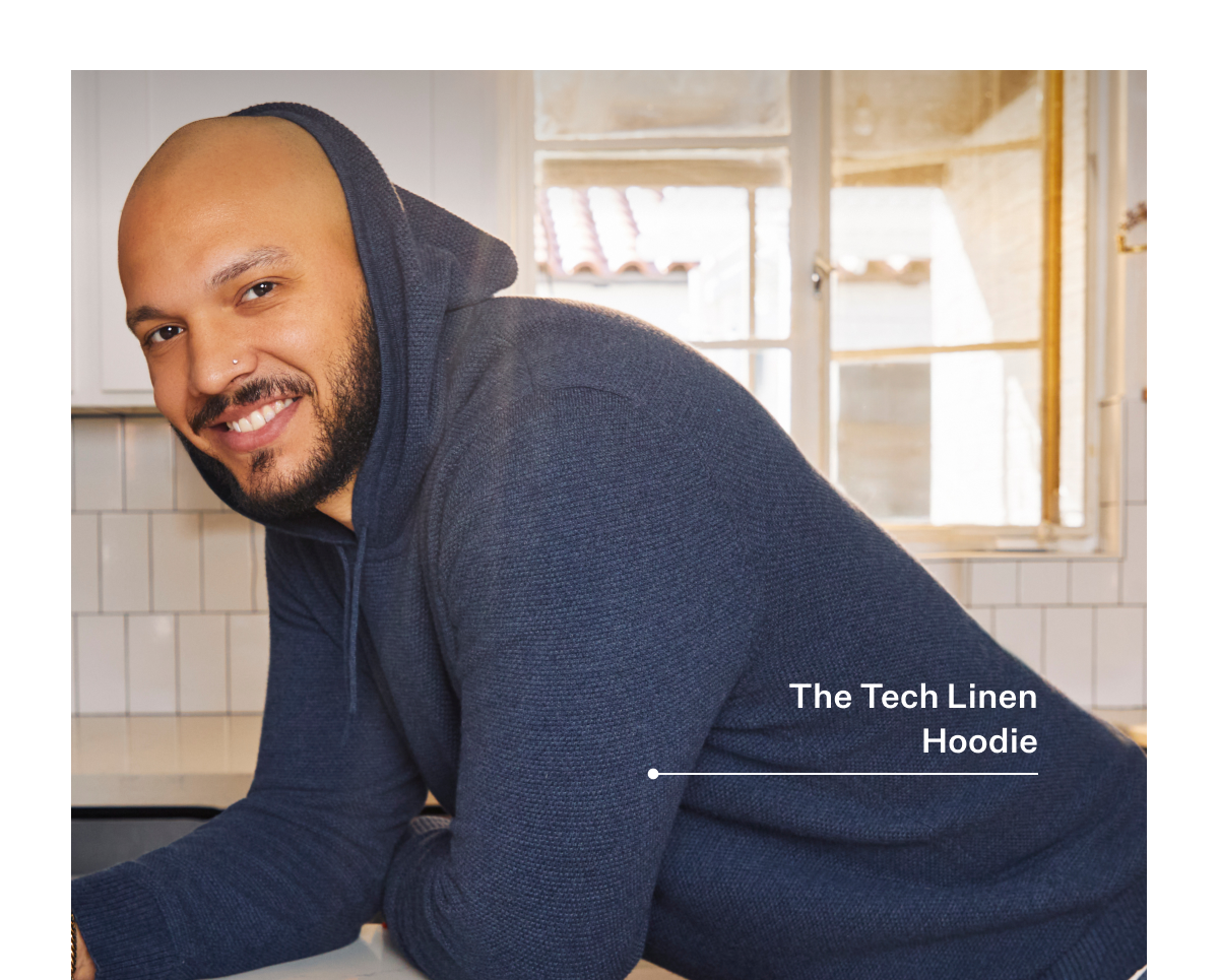 Man wearing Tech Linen Hoodie in Navy Heather