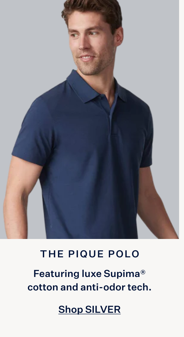 Man wearing SILVER Pique Polo in True Navy