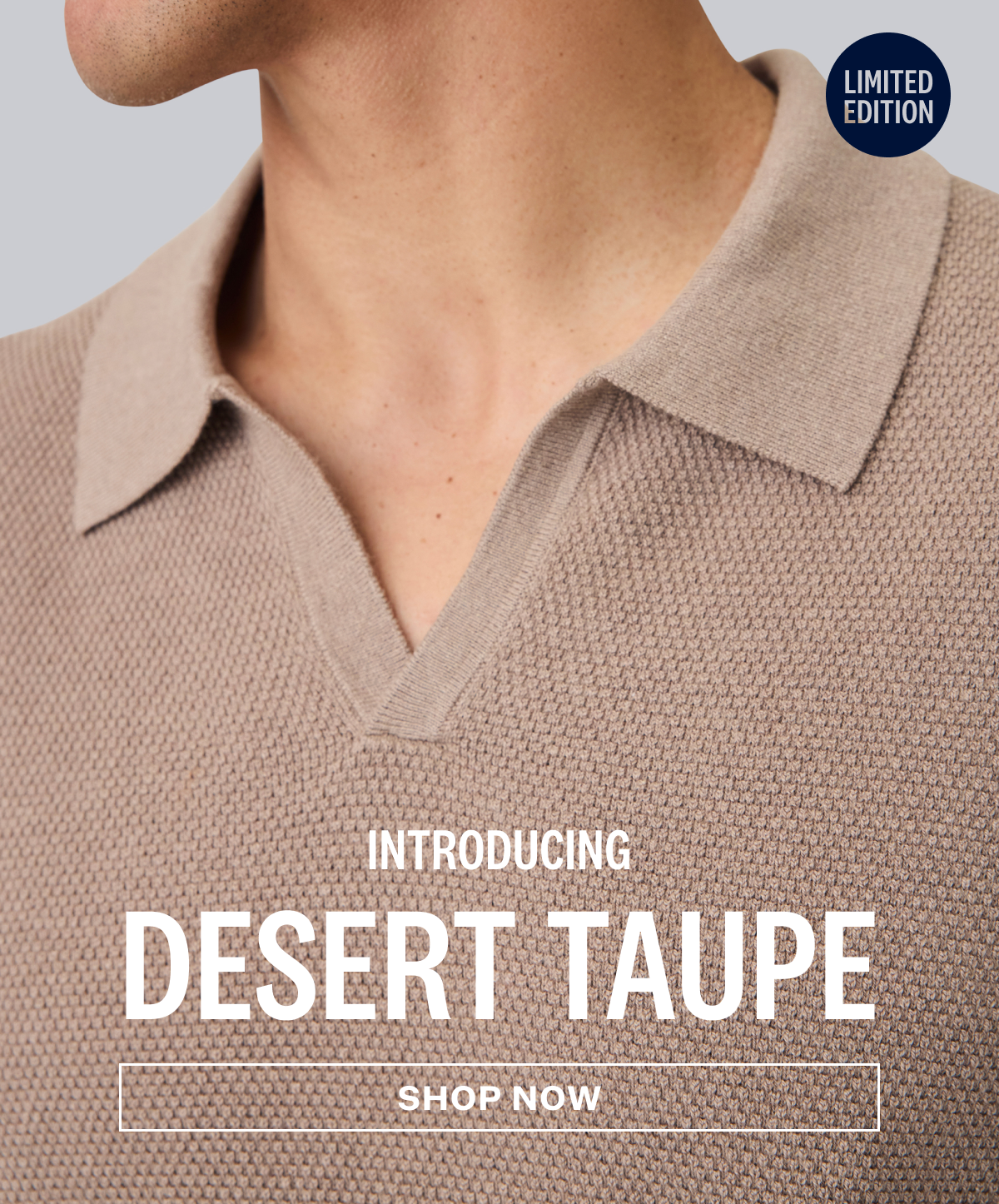 Man wearing Tech Linen Johnny Collar in Desert Taupe Heather