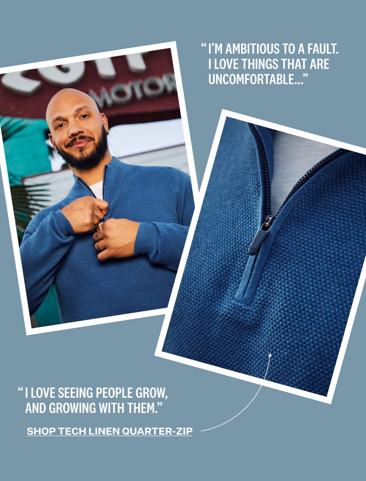 Chef L.T. Smith wearing a blue Tech Linen Quarter-zip, with a close-up detail of the fabric and zipper.