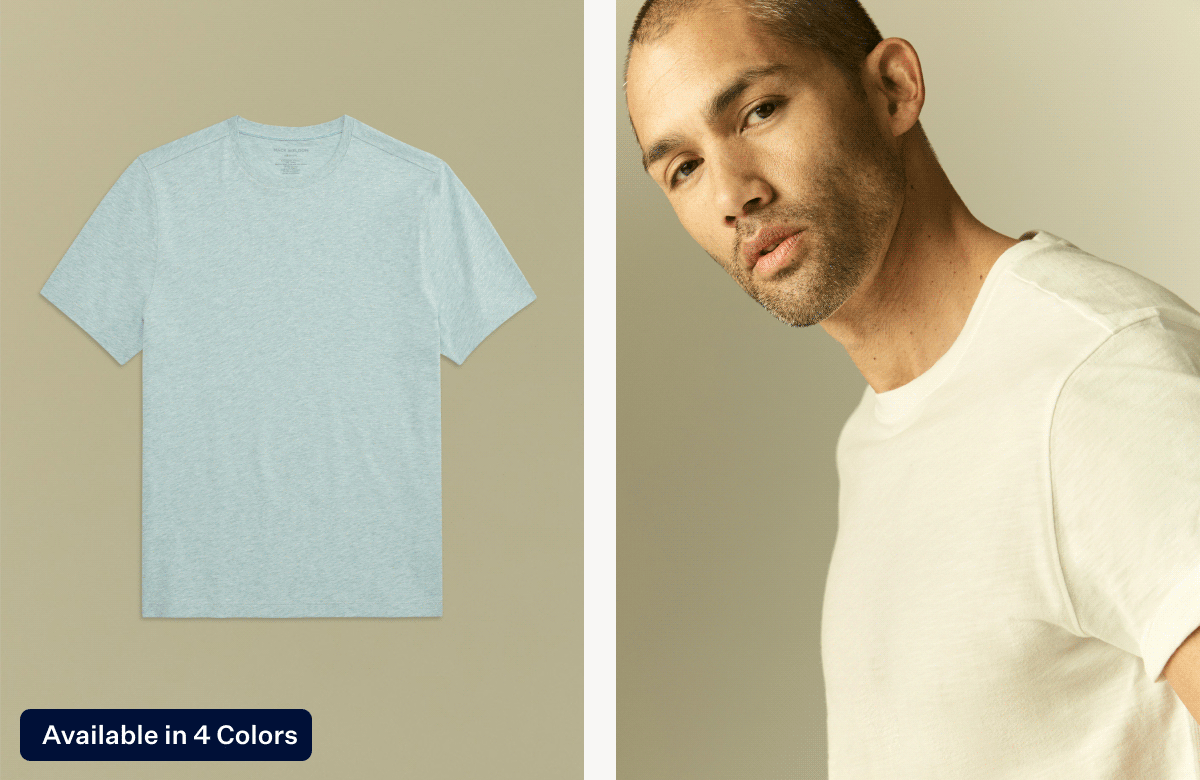 Two images. Left image shows a GIF of Slub Crew Neck T-shirt in different colors. Right image shows a man wearing Slub Crew Neck T-Shirt in Bright White 
