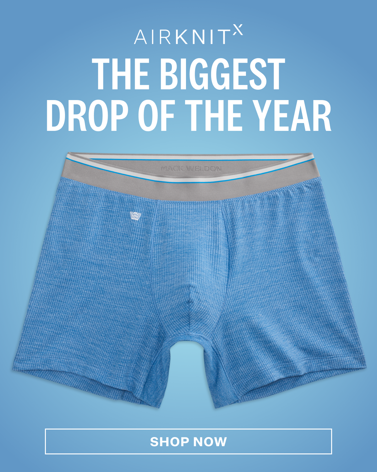 Promotional banner for "AIRKNITx" featuring Mack Weldon Airknitx Boxer Brief in Racing Blue Heather.