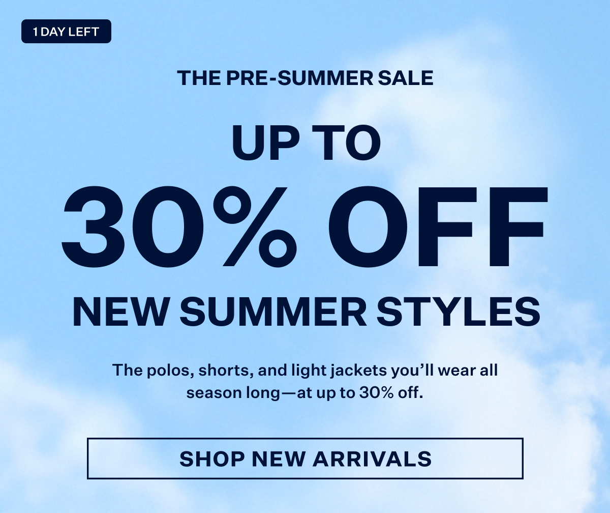 The Pre-Summer Sale. Up to 30% off New Summer Styles. With Shop New Arrivals button.
