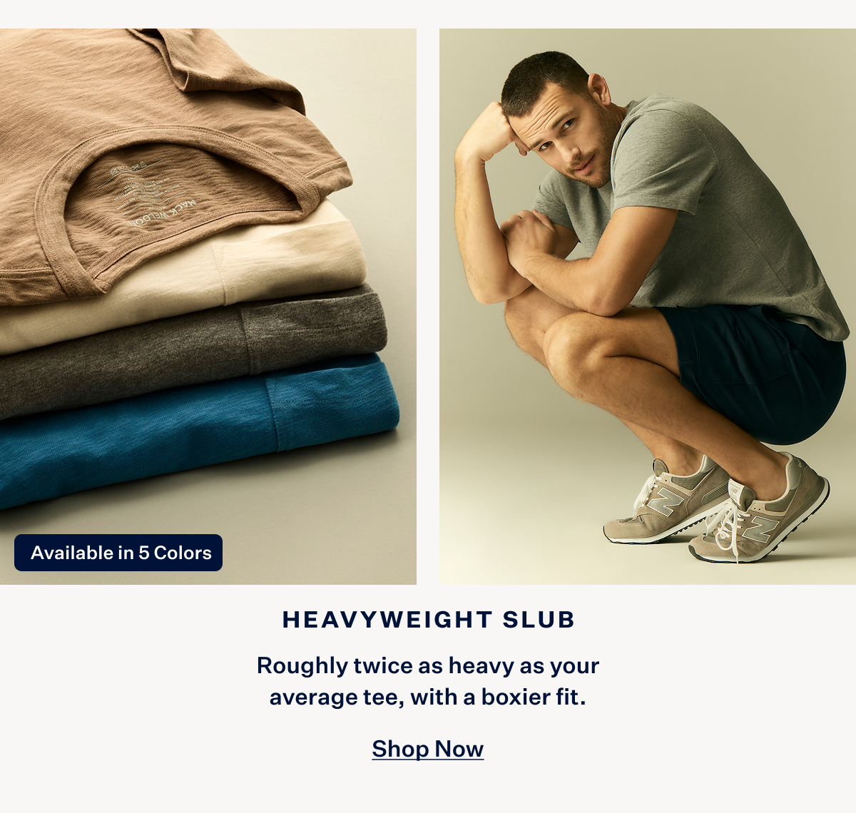 Two images. Left image shows pile up heavyweight slub tshirt in different colors, right image shows a man wearing Heavyweight Slub T-Shirt in Grey Heather 