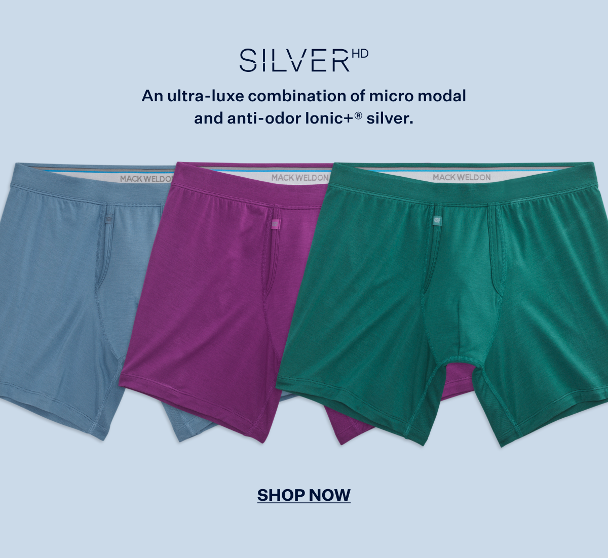 Front laydown of Silver HD Boxer Brief in three new colors