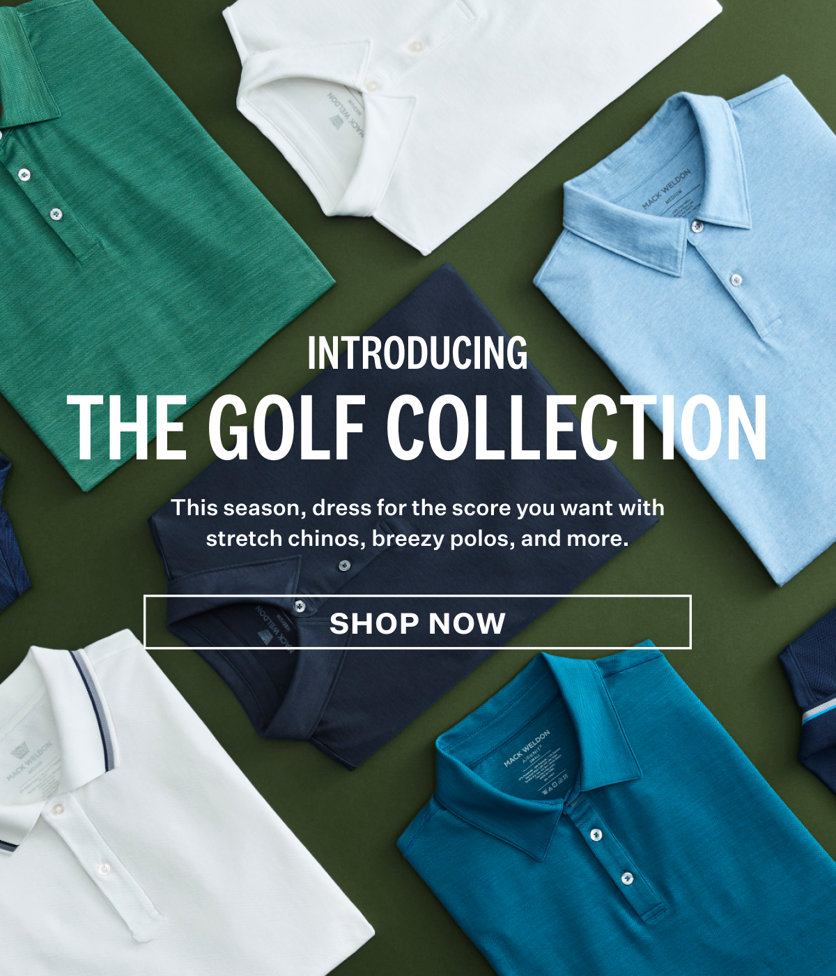 Flat laydown featuring 6 polos of Mack Weldon Golf Collection