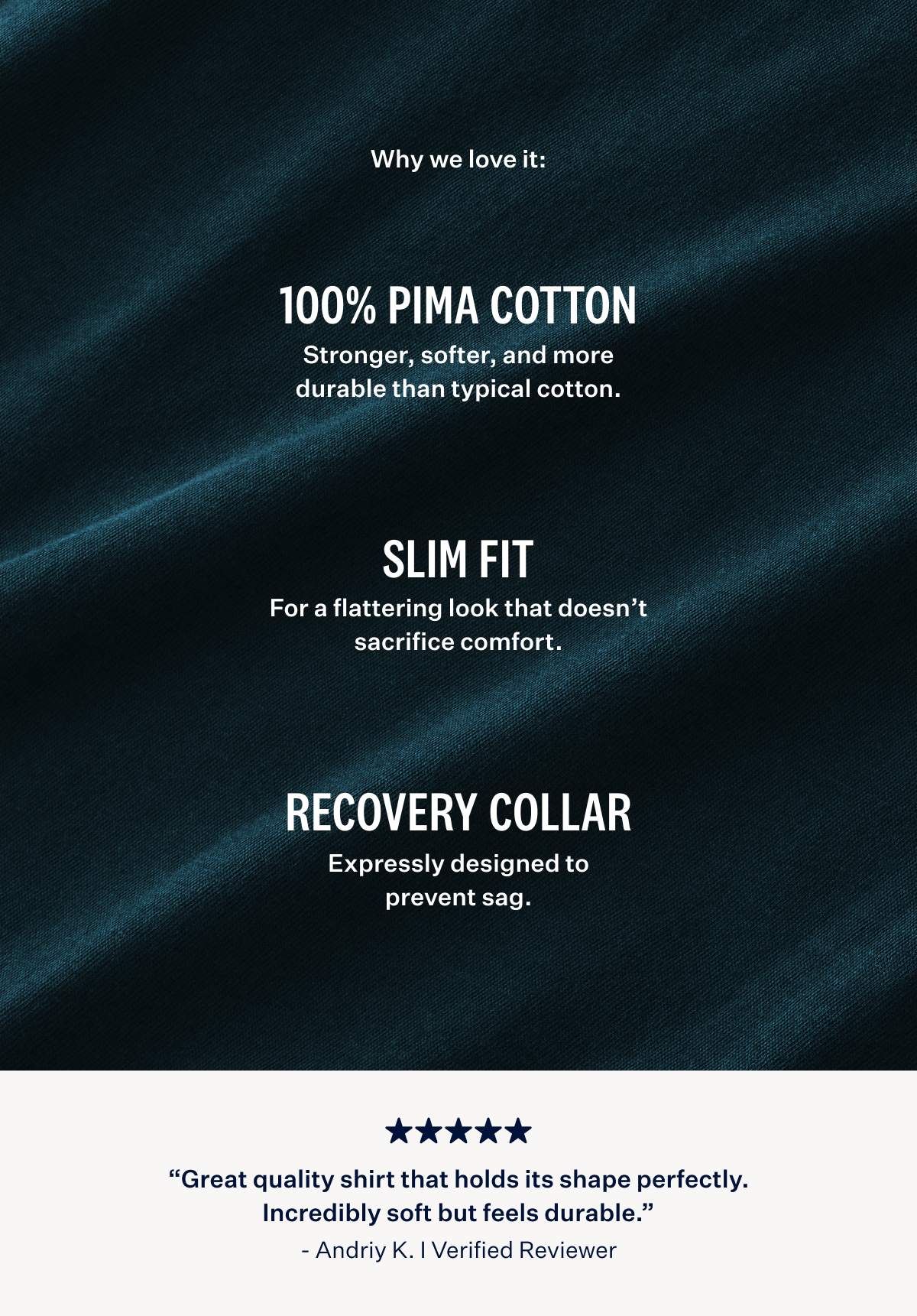 Fabric featuring three product features: 100% Pima Cotton, Slim Fit, and Recovery Collar.