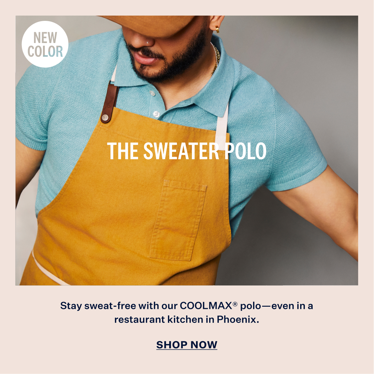 A man wearingTech Linen Sweater Polo in Shallow Water Heather under an apron with the overlay text "THE SWEATER POLO.