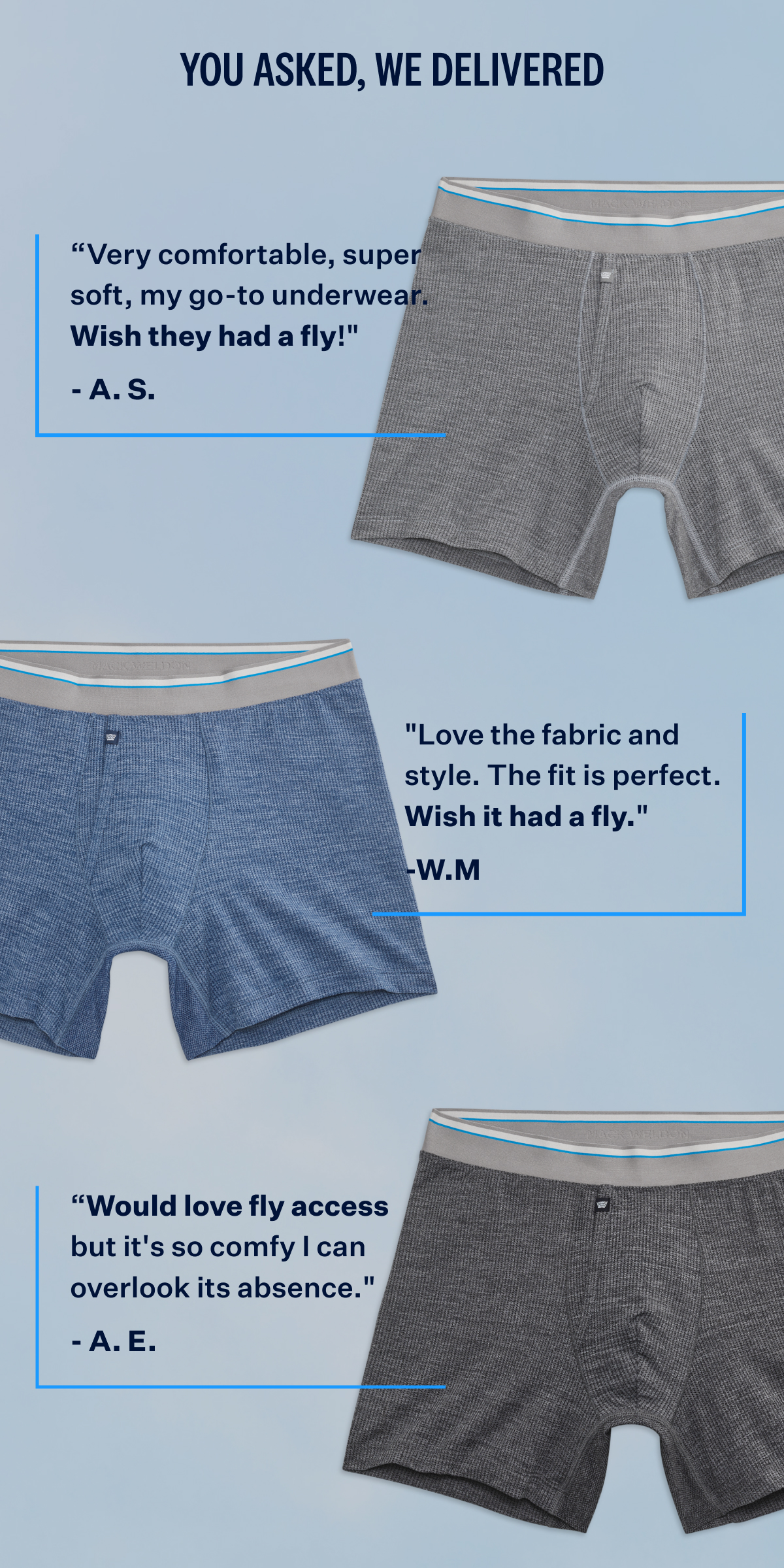 A collage of three pairs of Airknitx boxer briefs in 3 different colors accompanied by customer testimonials requesting a fly under the heading "YOU ASKED, WE DELIVERED.