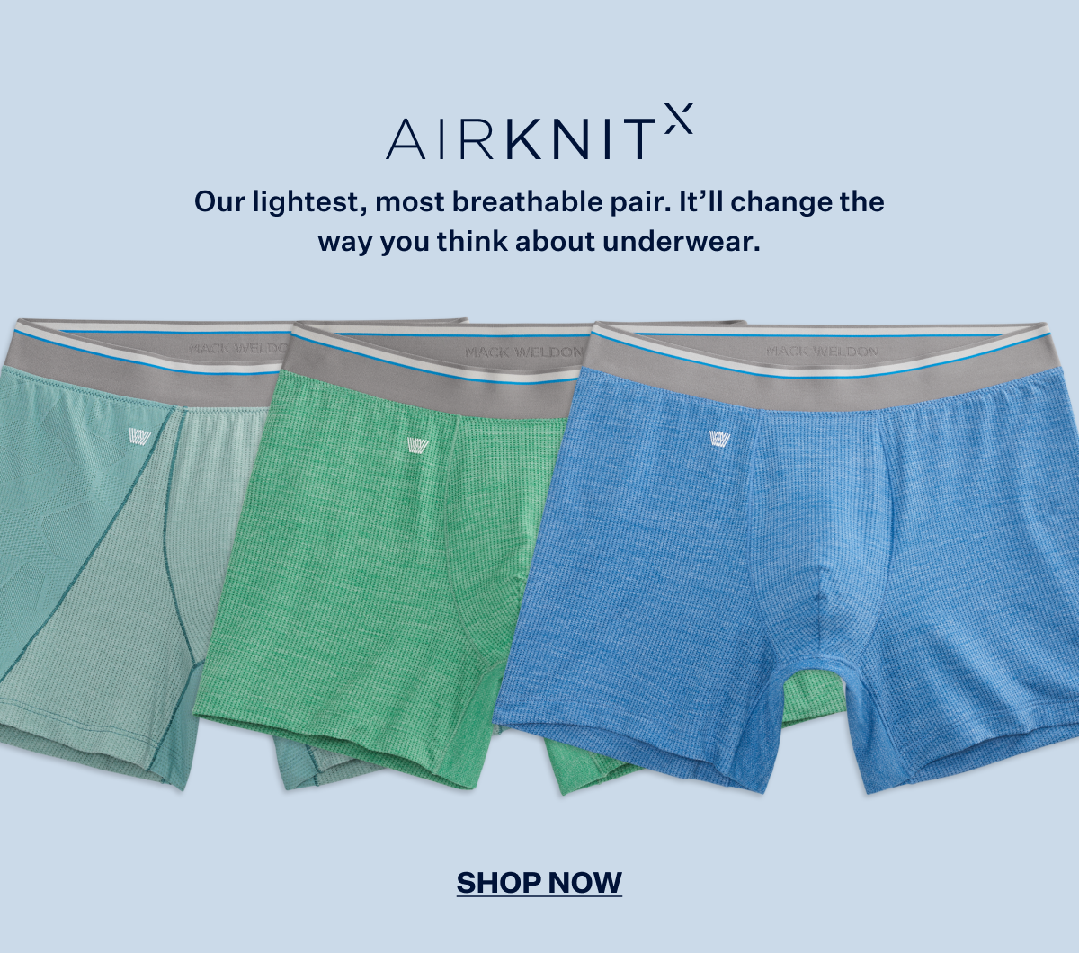 Front laydown of Airknitx Boxer Briefs in three new colors