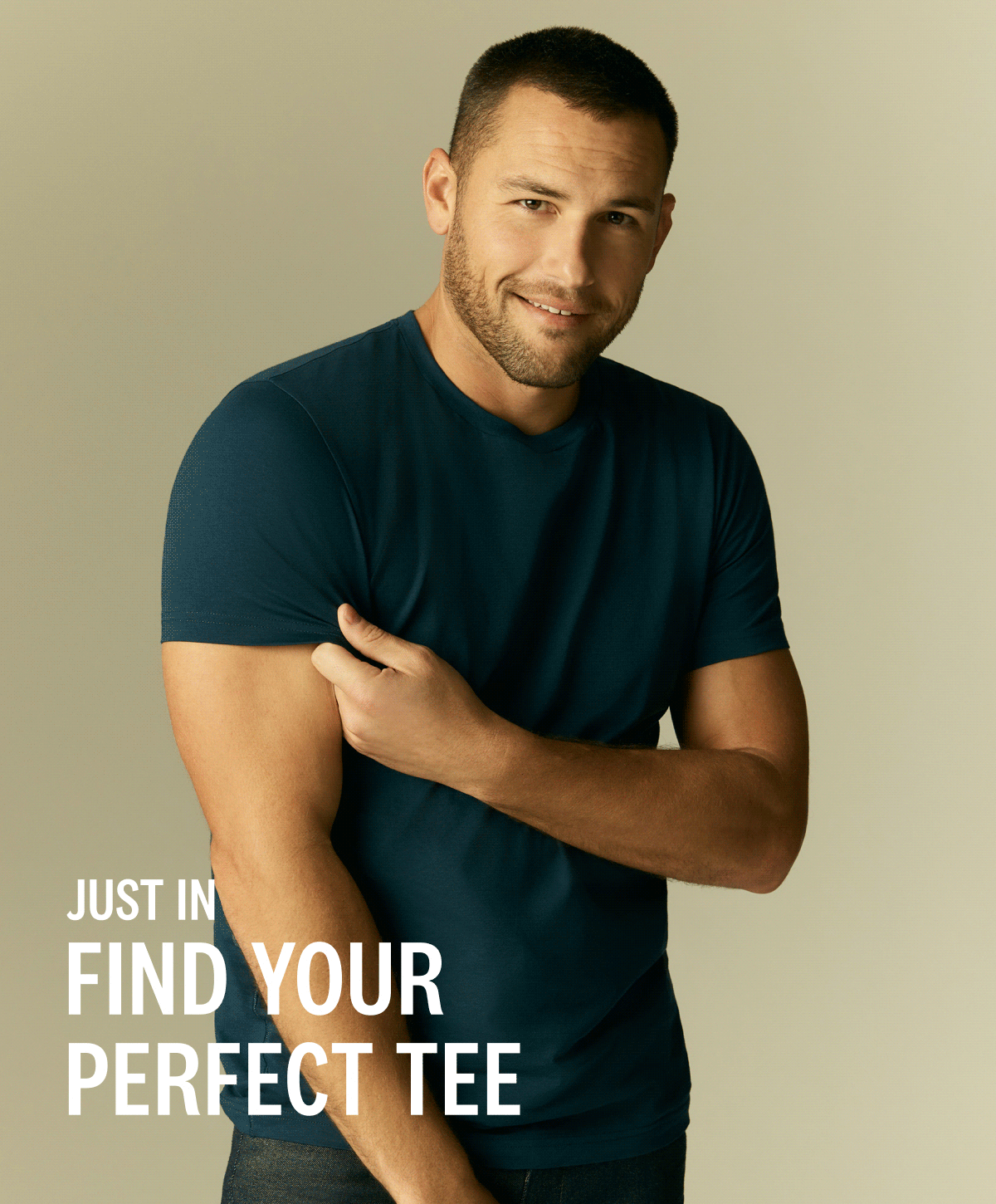 Gif of men wearing Mack Weldon T-shirts with text "Just in. Find your perfect tee"