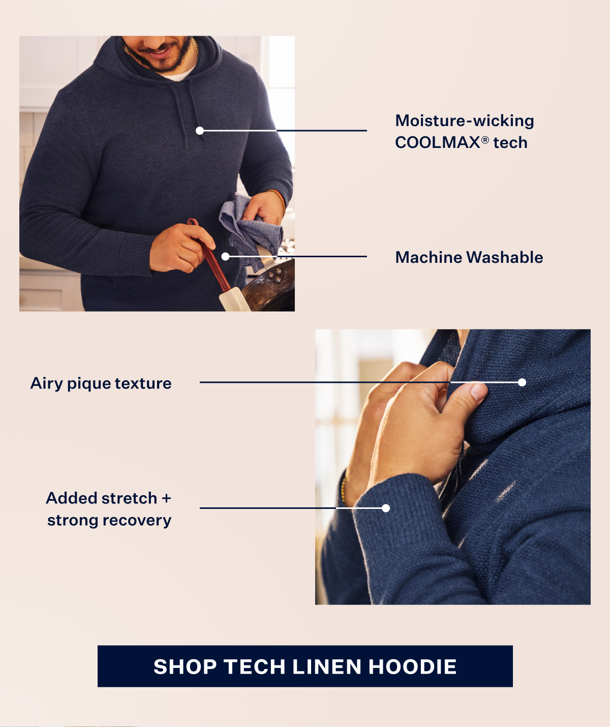 Two close-up images of Tech linen hoodie highlighting product features