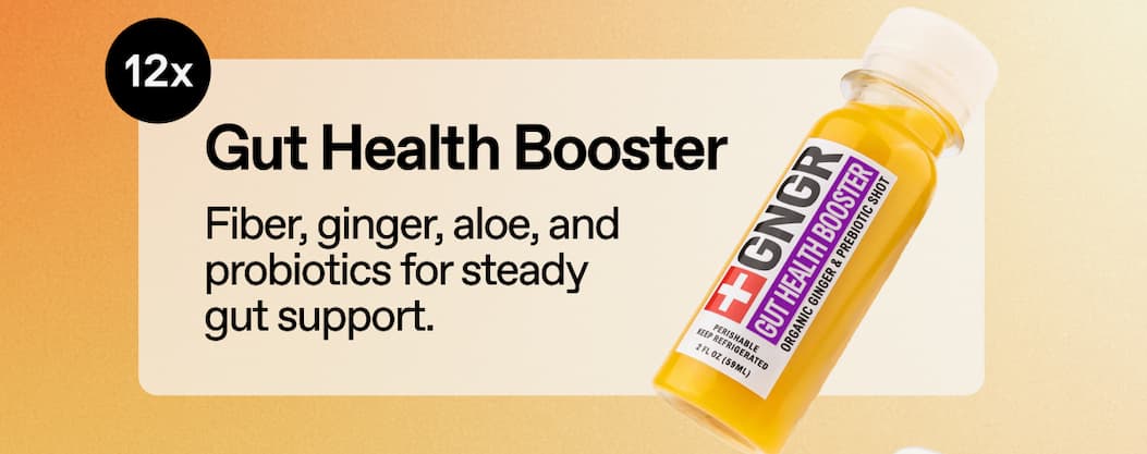 12x Gut Health Booster. Fiber, Ginger, Aloe, And Probiotics For Steady Gut Support.