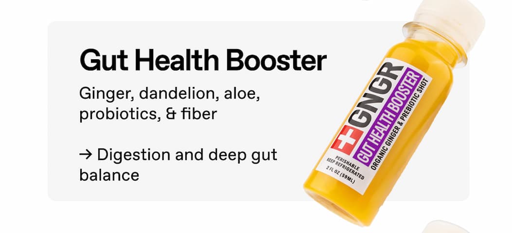 Gut Health Booster. Ginger, Dandelion, Aloe, Probiotics, & Fiber → Digestion And Deep Gut Balance.