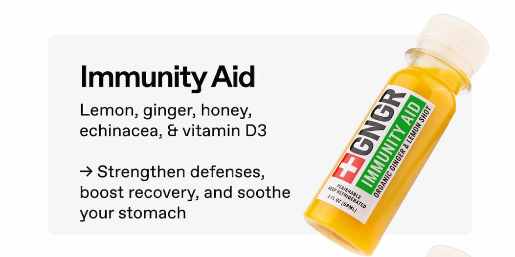 Immunity Aid. Lemon, Ginger, Honey, Echinacea, & Vitamin D3 → Strengthen Defenses, Boost Recovery, And Soothe Your Stomach.