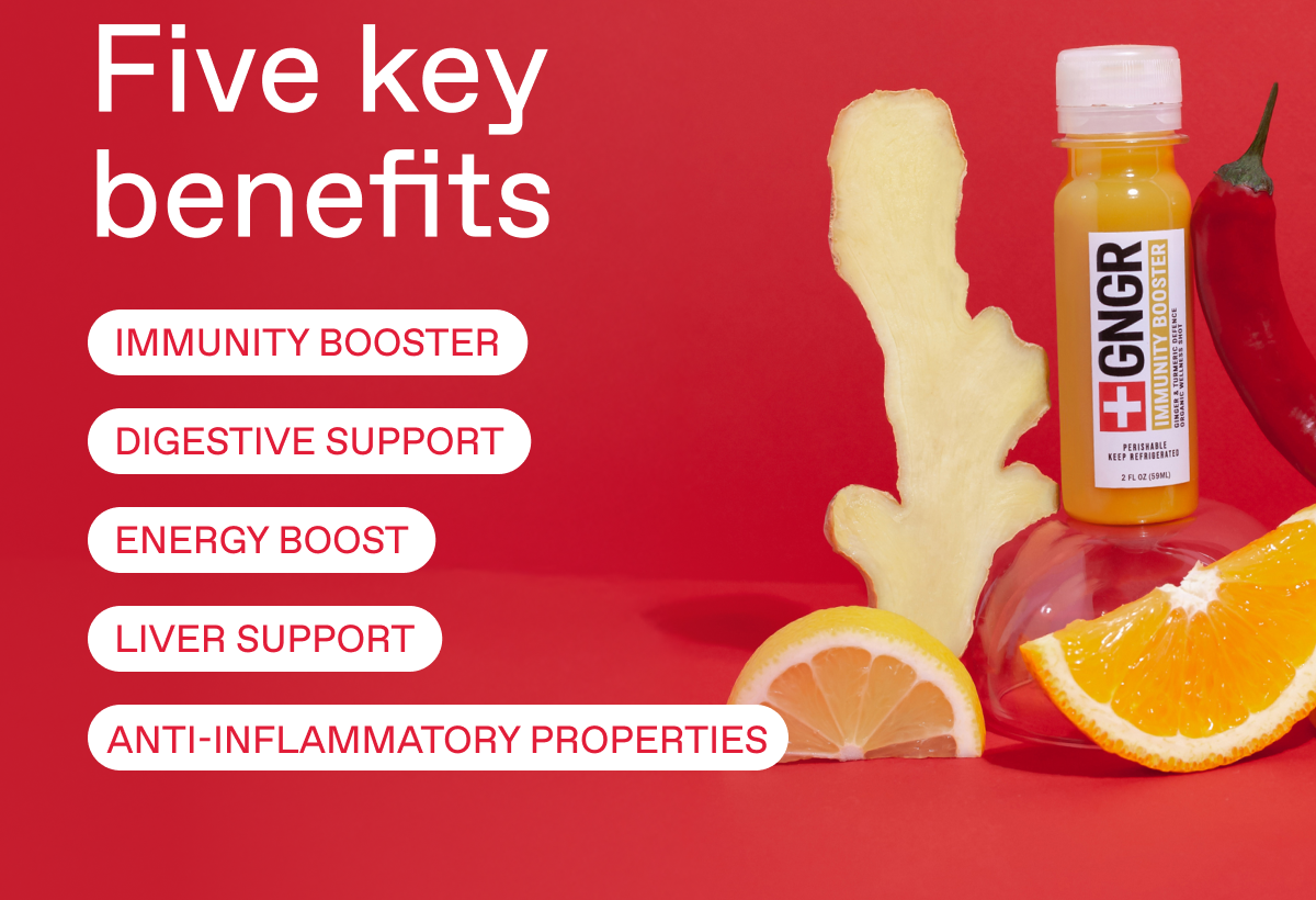 WELLNESS MADE EASIER. Five key benefits: Immunity Booster, Digestive Support, Energy Boost, Liver Support, Anti-Inflammatory Properties